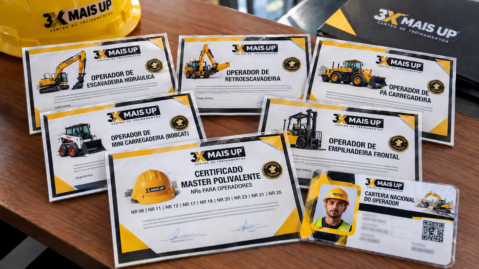 Os 6 certificados do Combo Operador 5 em 1 da 3X MAIS UP (Escavadeira Hidráulica, Retroescavadeira, Pá Carregadeira, Mini Carregadeira, Empilhadeira Frontal e Master Polivalente em NRs para Operadores) e a Carteira Nacional do Operador